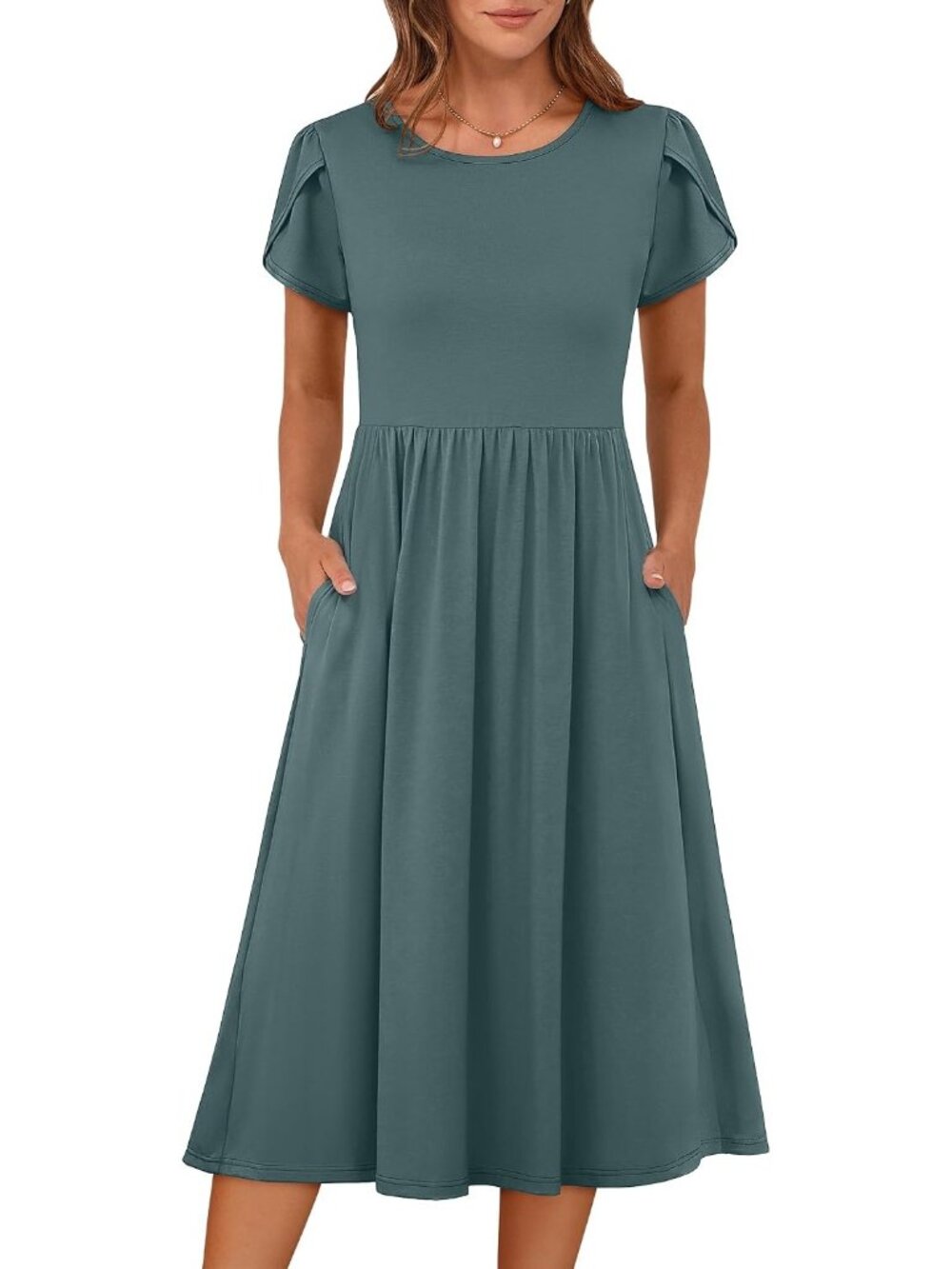 Women's Green Short Sleeve Crew Neck A LINE Casual With Pockets MIDI Dress